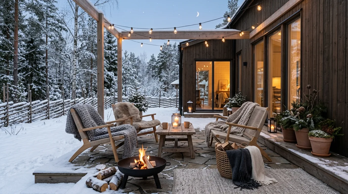 Let evergreen planters keep the space alive through cold weather inspiration for an outdoor winter patio.
